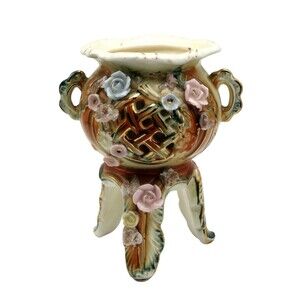 Vintage Fairyland Japan Hand Painted Porcelain 3 Footed Floral Vase Gold Trim